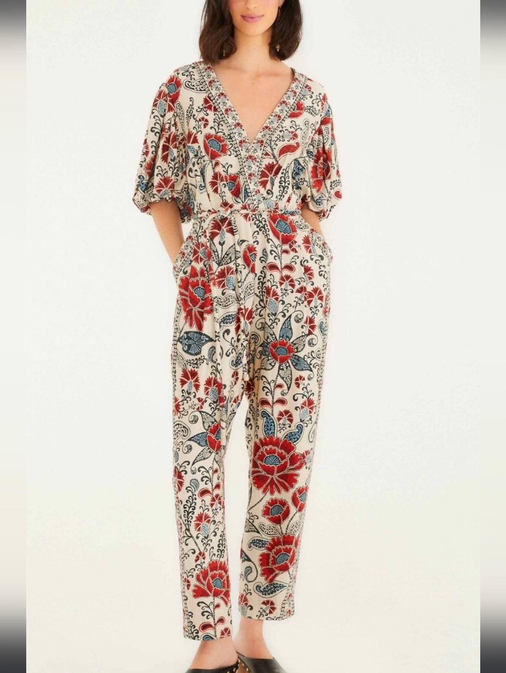 FARM Rio Sand Francesca V Neckline Short‎ Sleeve Womans Jumpsuit. Size Small.